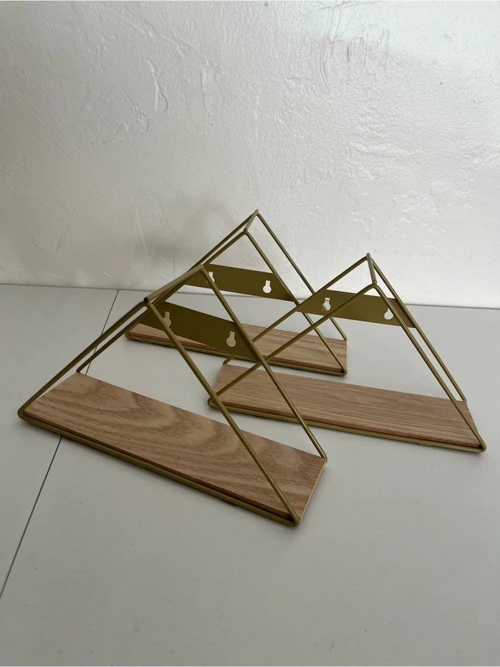 3 Small Shelves Gold Metal & Wood Triangle Wall Shelf Modern Home Wall Decor